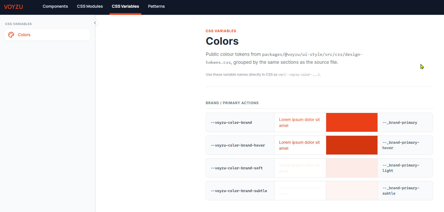 Voyzu UI Reference color variable page